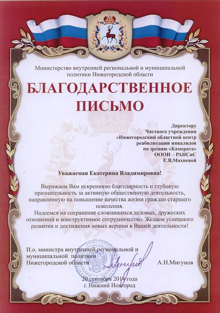 Благодарность от министерства внутренней региональной и муниципальной политики Нижегородской области