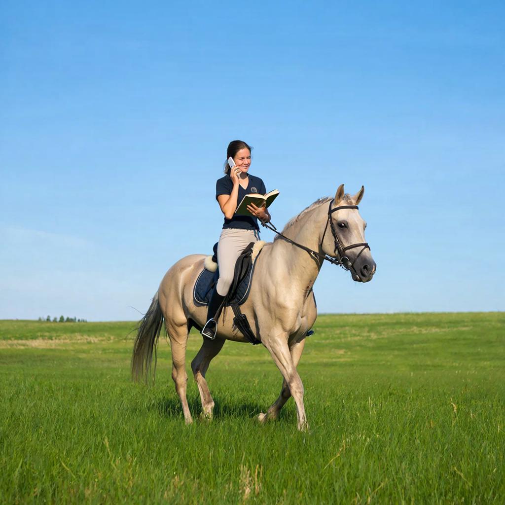 Всадница на светло-серой лошади на зелёном поле под ясным голубым небом. Женщина с тёмными волосами собранными назад сидит в седле; на ней тёмная футболка и светлые брюки. В одной руке у неё мобильный телефон у уха, в другой — раскрытая книга. Лошадь идёт шагом, на ней чёрная уздечка и седло; хвост тёмный. На горизонте видна ровная линия поля без построек.