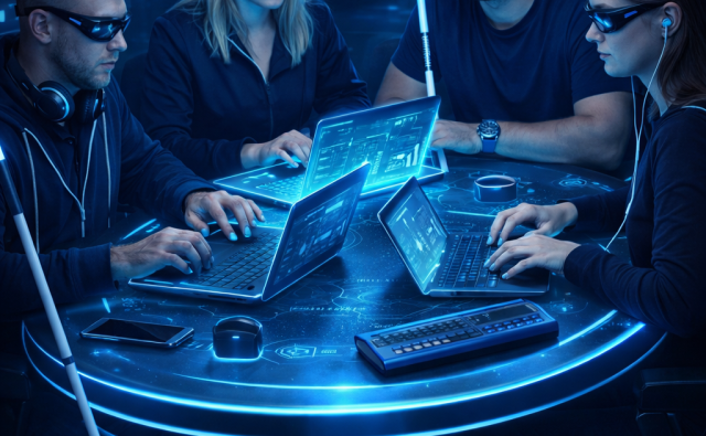 4 человека работает за светящимся круглым столом с ноутбуками и клавиатурой Брайля. Люди с тростями и в очках.