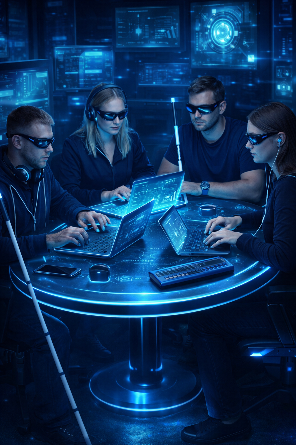 4 человека работает за светящимся круглым столом с ноутбуками и клавиатурой Брайля. Люди с тростями и в очках.