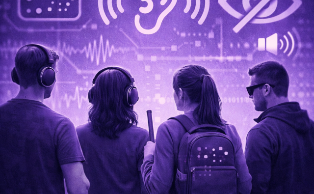 4 человека стоят спиной на фиолетовом фоне (с тростью, в очках, в наушниках).