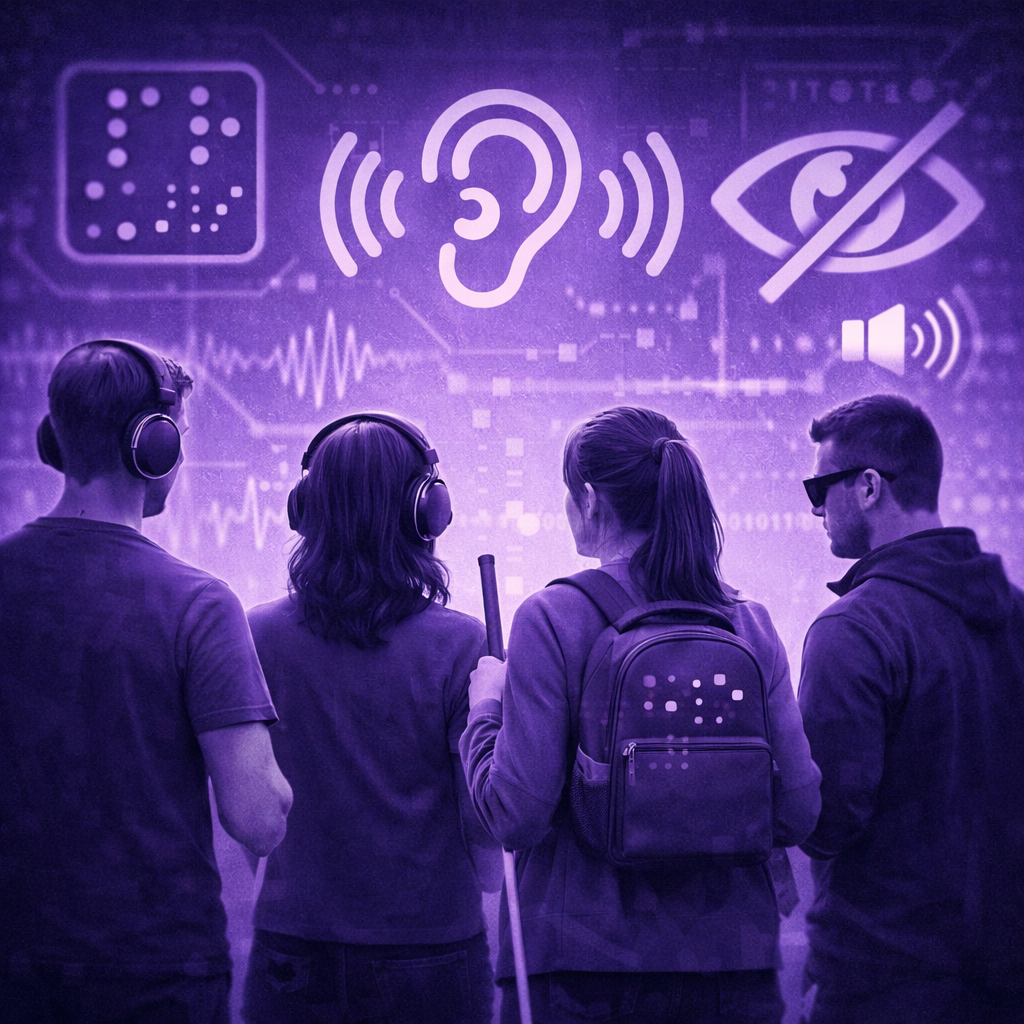 4 человека стоят спиной на фиолетовом фоне (с тростью, в очках, в наушниках).