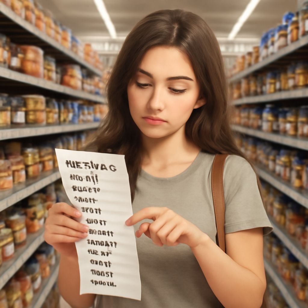 Фотография, Девушка с длинными тёмными волосами стоит в продуктовом магазине между рядами с полками, заполненными банками и продуктами. Она внимательно смотрит на лист бумаги, который держит в руках — вероятно, это список покупок. Текст на листе выглядит размытым и нечётким, разобрать его невозможно. Девушка одета в светло-серую футболку и несёт на плече коричневую сумку. Освещение в магазине яркое, а атмосфера спокойная.