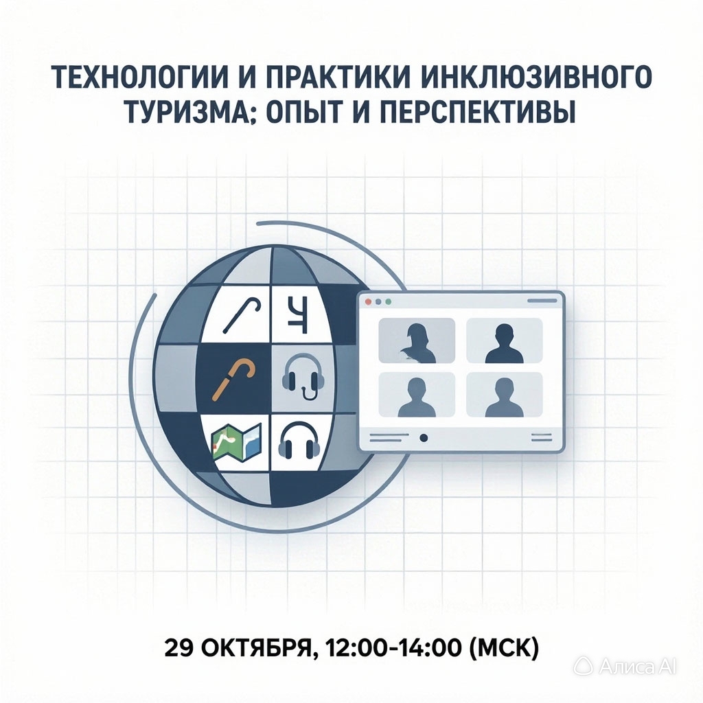 Изображение-афиша с информацией о мероприятии по инклюзивному туризму. В верхней части крупный текст: «ТЕХНОЛОГИИ И ПРАКТИКИ ИНКЛЮЗИВНОГО ТУРИЗМА; ОПЫТ И ПЕРСПЕКТИВЫ». Ниже слева изображён шар, похожий на глобус, разделённый на сегменты, как шахматное поле. В разных сегментах нарисованы: белая трость, буква «Ч», оранжевая трость, наушники, карта с зелёным ландшафтом, ещё одни наушники. Это символы, связанные с доступностью и путешествиями. Справа от шара показано окно видеоконференции: прямоугольник с рамкой, внутри четыре силуэта людей в отдельных квадратах. Фон светлый, с тонкой серой сеткой. Внизу по центру чёрный текст: «29 ОКТЯБРЯ, 12:00–14:00 (МСК)».