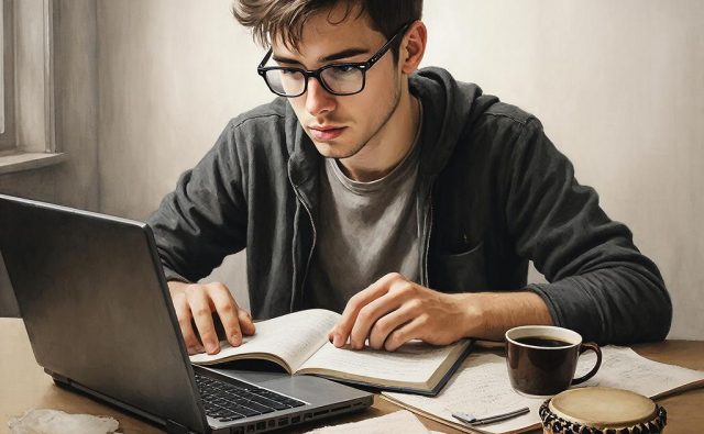 Молодой мужчина в очках за рабочим столом, сосредоточенно смотрит в ноутбук и одновременно читает/листает открытую тетрадь. Он сидит у окна в светлой комнате. На столе слева открыт ноутбук, перед ним раскрытая книга или блокнот, вокруг разбросаны листы с заметками, лежит стопка бумаги. Справа стоит чашка с кофе и небольшой барабан (похож на бонго/джембе). Атмосфера напоминает учебу или работу над проектом, выражение лица сосредоточенное.