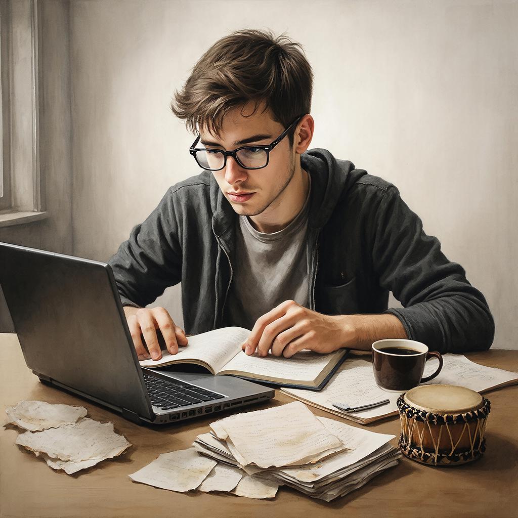 Молодой мужчина в очках за рабочим столом, сосредоточенно смотрит в ноутбук и одновременно читает/листает открытую тетрадь. Он сидит у окна в светлой комнате. На столе слева открыт ноутбук, перед ним раскрытая книга или блокнот, вокруг разбросаны листы с заметками, лежит стопка бумаги. Справа стоит чашка с кофе и небольшой барабан (похож на бонго/джембе). Атмосфера напоминает учебу или работу над проектом, выражение лица сосредоточенное.